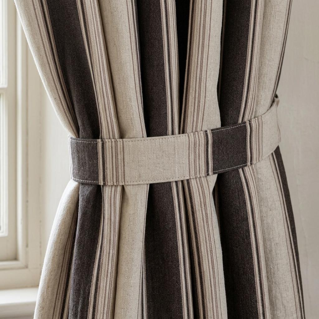 Dark Brown Cream Pure Linen Farmhouse Stripe Curtains, Ticking Drapes, Custom Blackout or Light Filtering — image 1