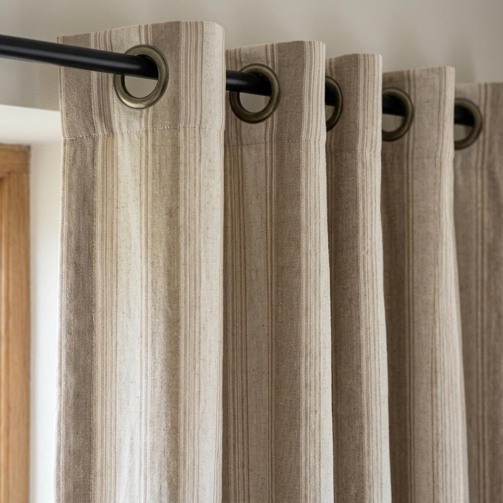 Taupe Beige Pure Linen Farmhouse Stripe Curtains, Cream Ticking Drapes, Custom Blackout or Light Filtering — image 1