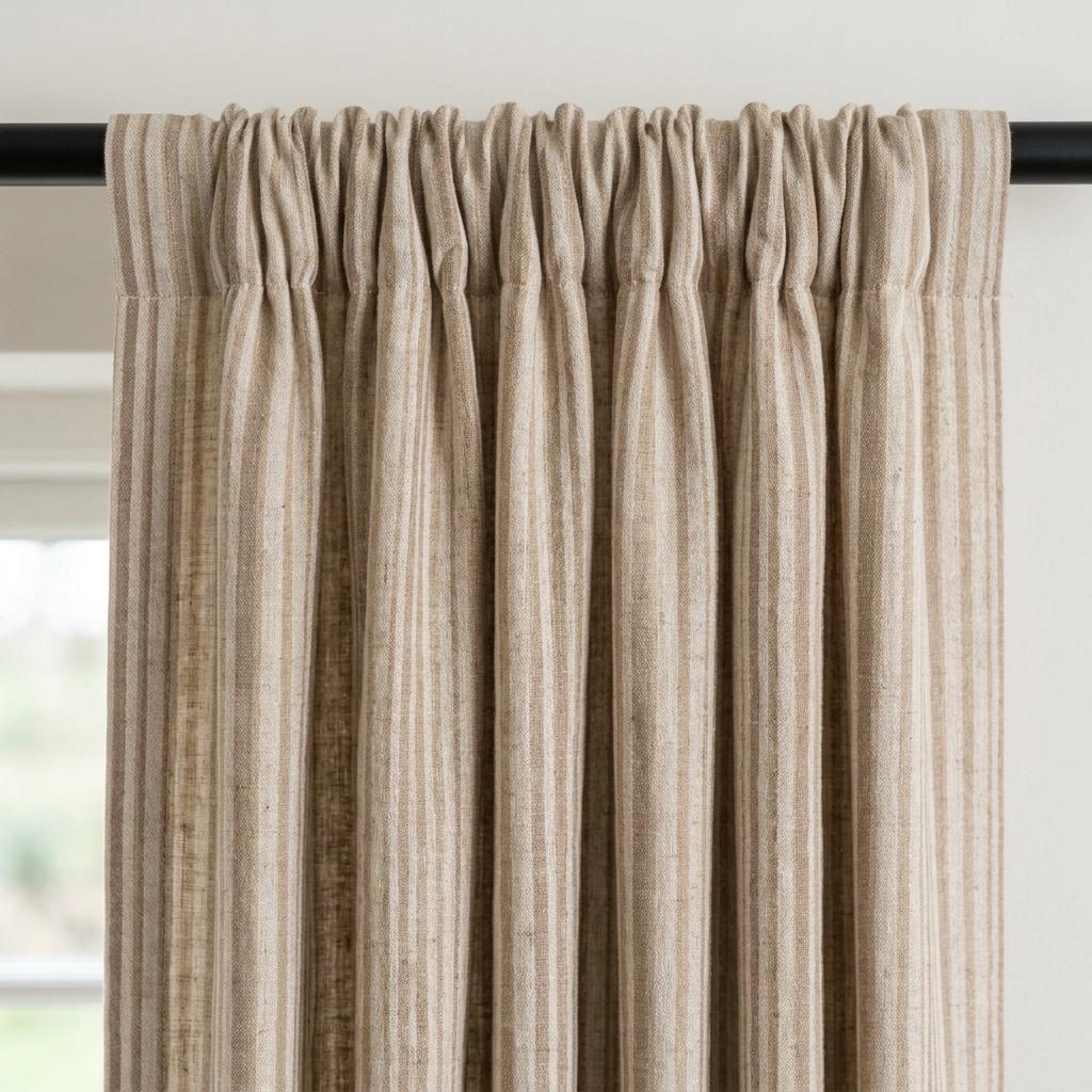 Oatmeal Beige Pure Linen Ticking Stripe Curtains, Cream Farmhouse Drapes, Custom Blackout or Light Filtering — image 1