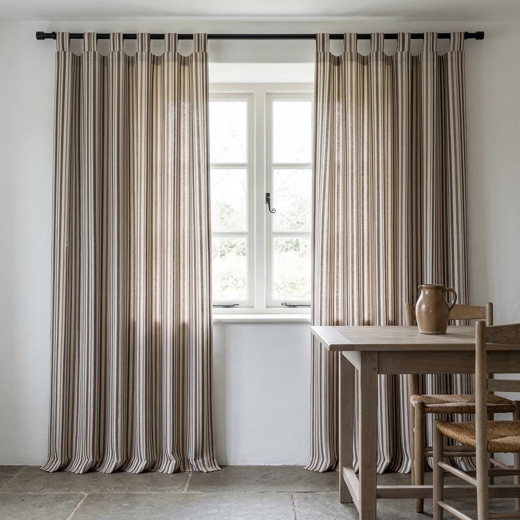 Chocolate Brown Cream Pure Linen Farmhouse Stripe Curtains, Ticking Drapes, Custom Blackout or Light Filtering — image 3