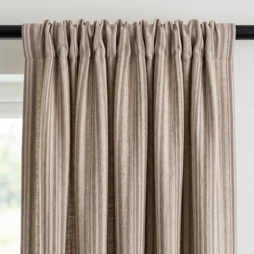 Brown Taupe Pure Linen Farmhouse Stripe Curtains, Cream Ticking Drapes, Custom Blackout or Light Filtering — image 4