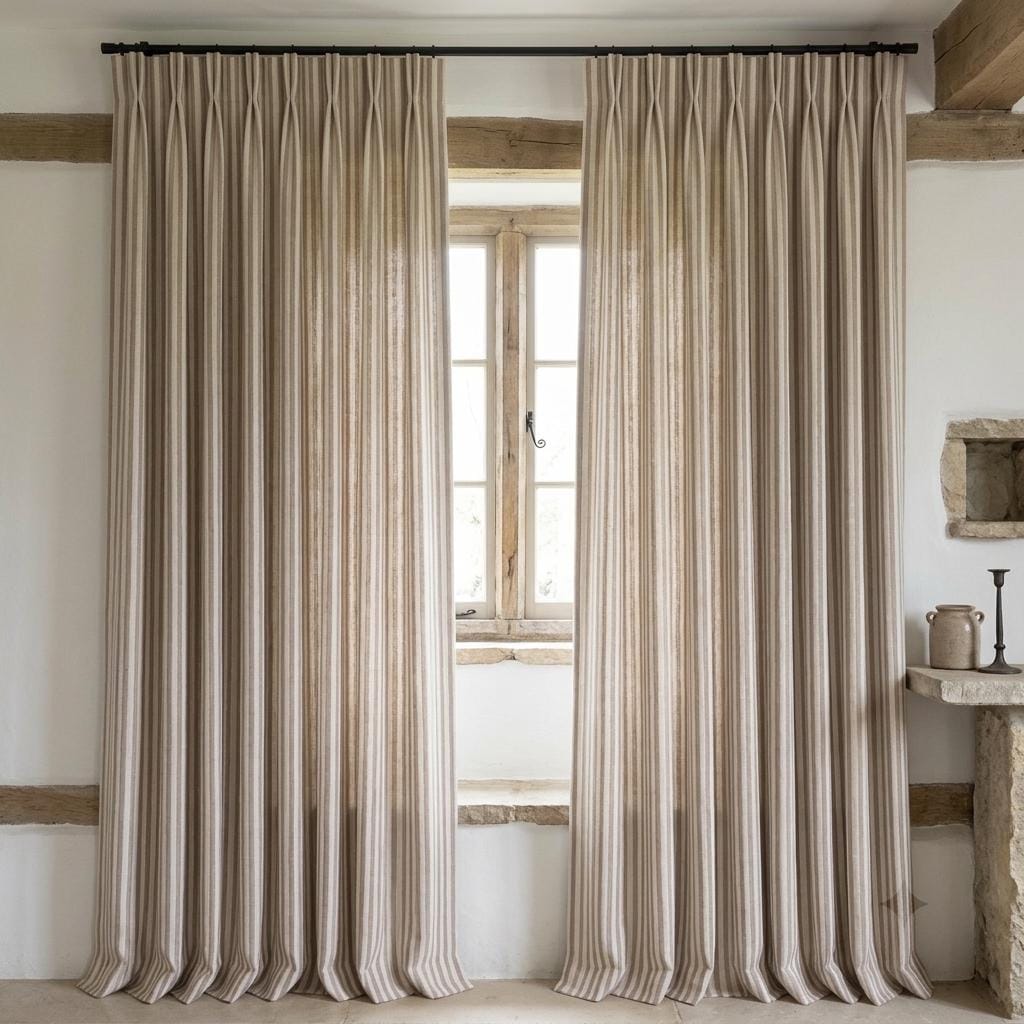Brown Taupe Pure Linen Farmhouse Stripe Curtains, Cream Ticking Drapes, Custom Blackout or Light Filtering — image 5