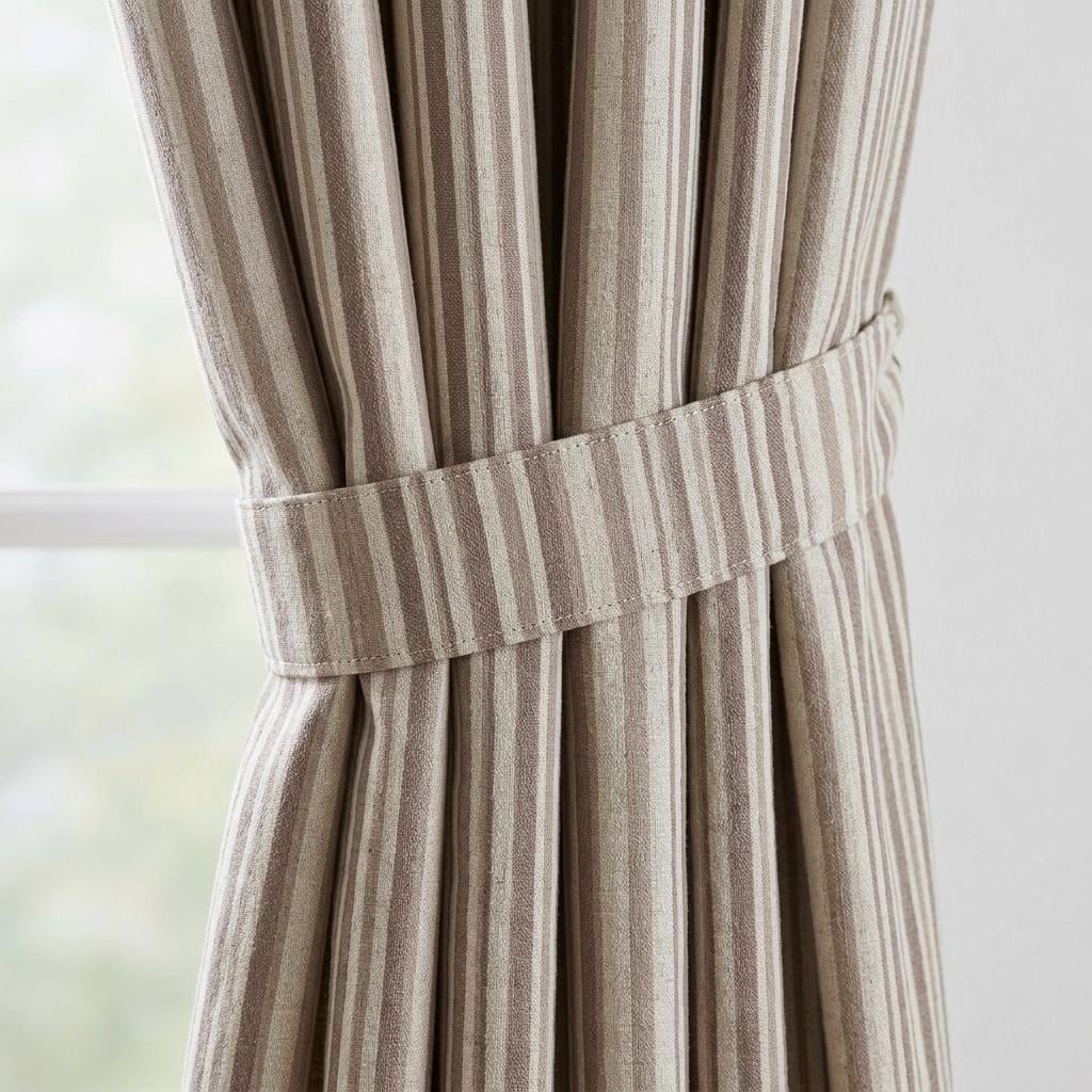 Brown Taupe Pure Linen Farmhouse Stripe Curtains, Cream Ticking Drapes, Custom Blackout or Light Filtering — image 1