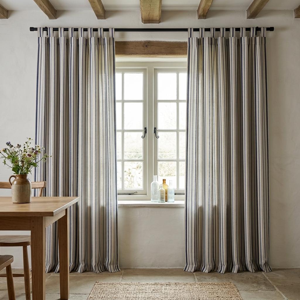 Navy Blue Pure Linen Stripe Curtains, Beige Cream Farmhouse Drapes, Custom Blackout or Light Filtering — image 5