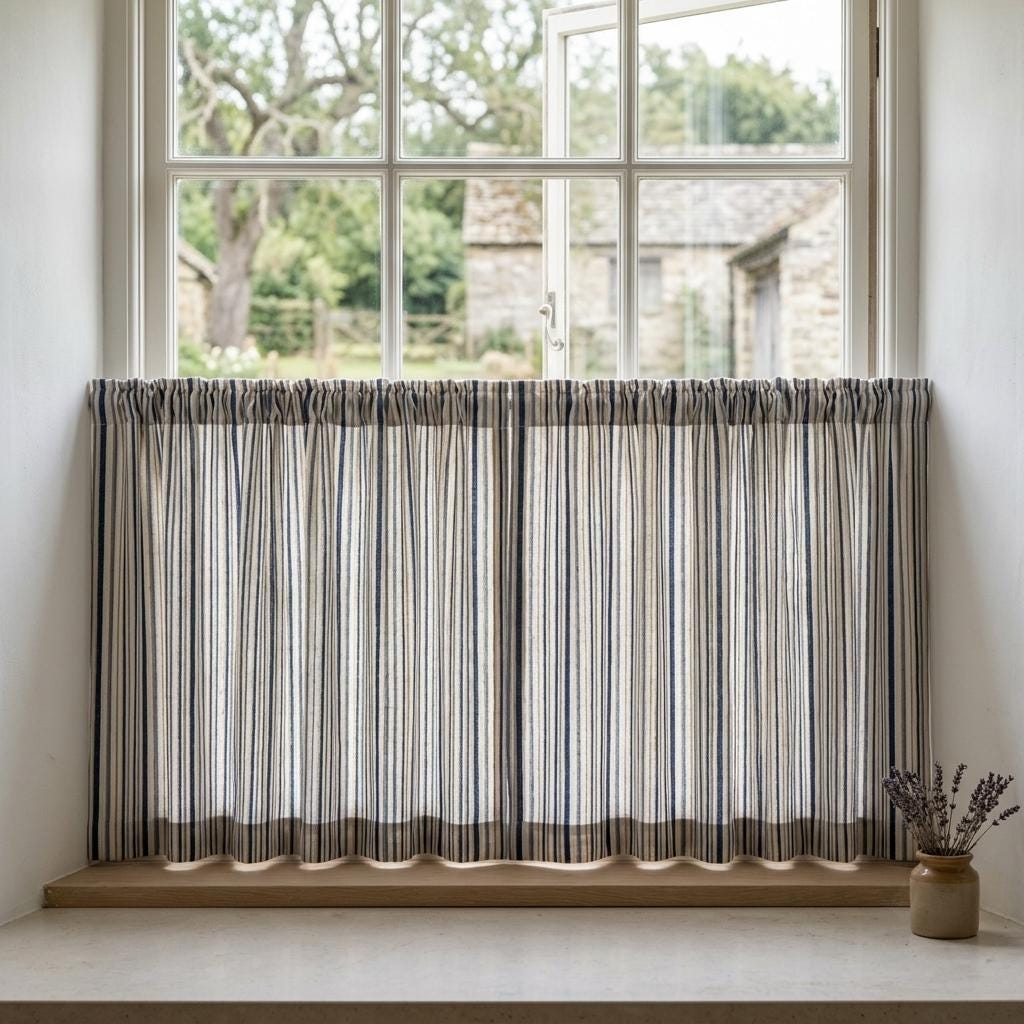 Navy Blue Pure Linen Stripe Curtains, Beige Cream Farmhouse Drapes, Custom Blackout or Light Filtering — image 7