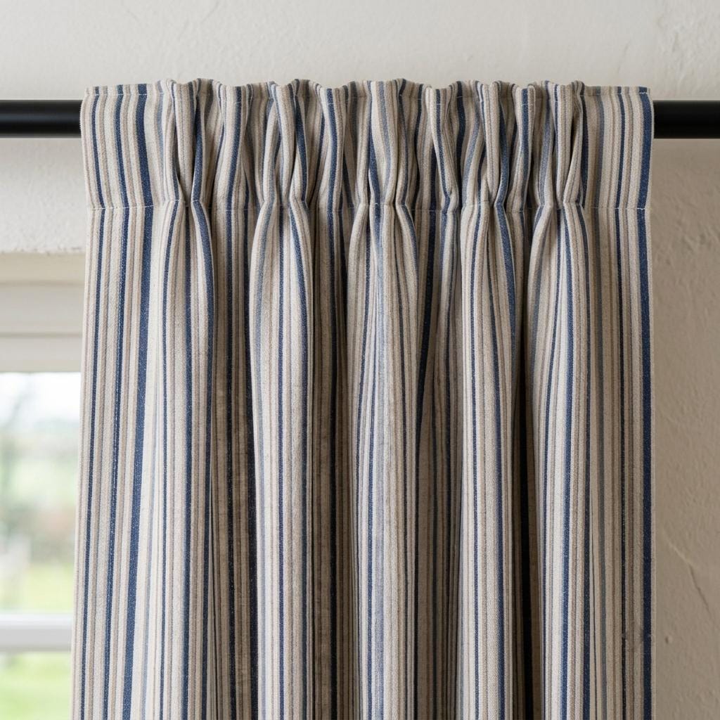 Navy Blue Pure Linen Stripe Curtains, Beige Cream Farmhouse Drapes, Custom Blackout or Light Filtering — image 4