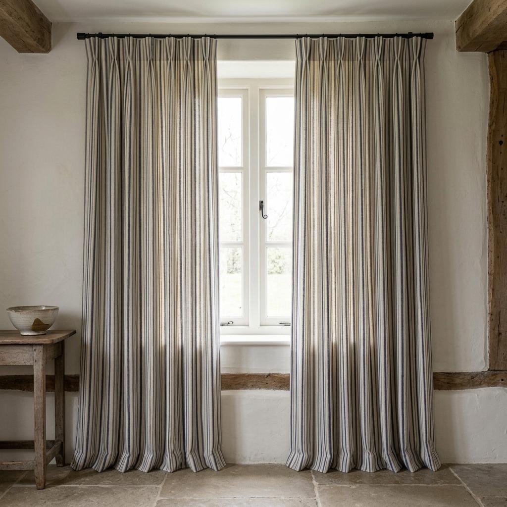 Navy Blue Pure Linen Stripe Curtains, Beige Cream Farmhouse Drapes, Custom Blackout or Light Filtering — image 8