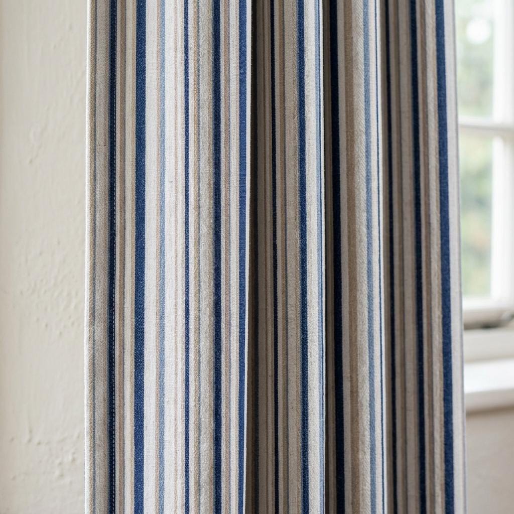 Navy Blue Pure Linen Stripe Curtains, Beige Cream Farmhouse Drapes, Custom Blackout or Light Filtering — image 1