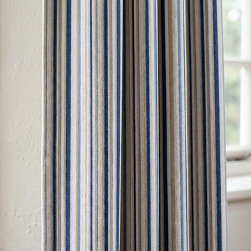 Navy Blue Pure Linen Stripe Curtains, Beige Cream Farmhouse Drapes, Custom Blackout or Light Filtering — image 1