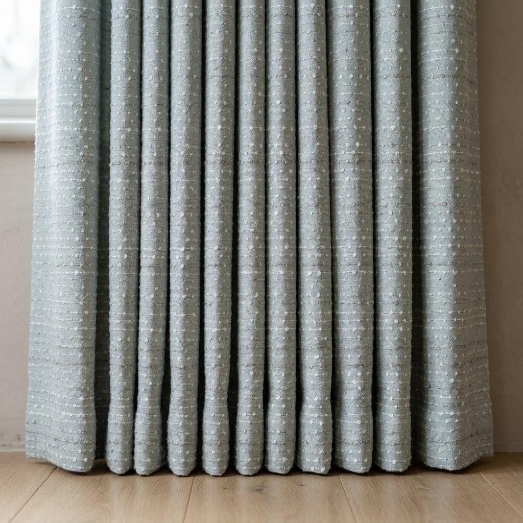 Seafoam Blue Pure Linen Curtains, Ivory Taupe Dotted Stripe Embroidered Drapes, Custom Blackout or Light Filtering Panels — image 4