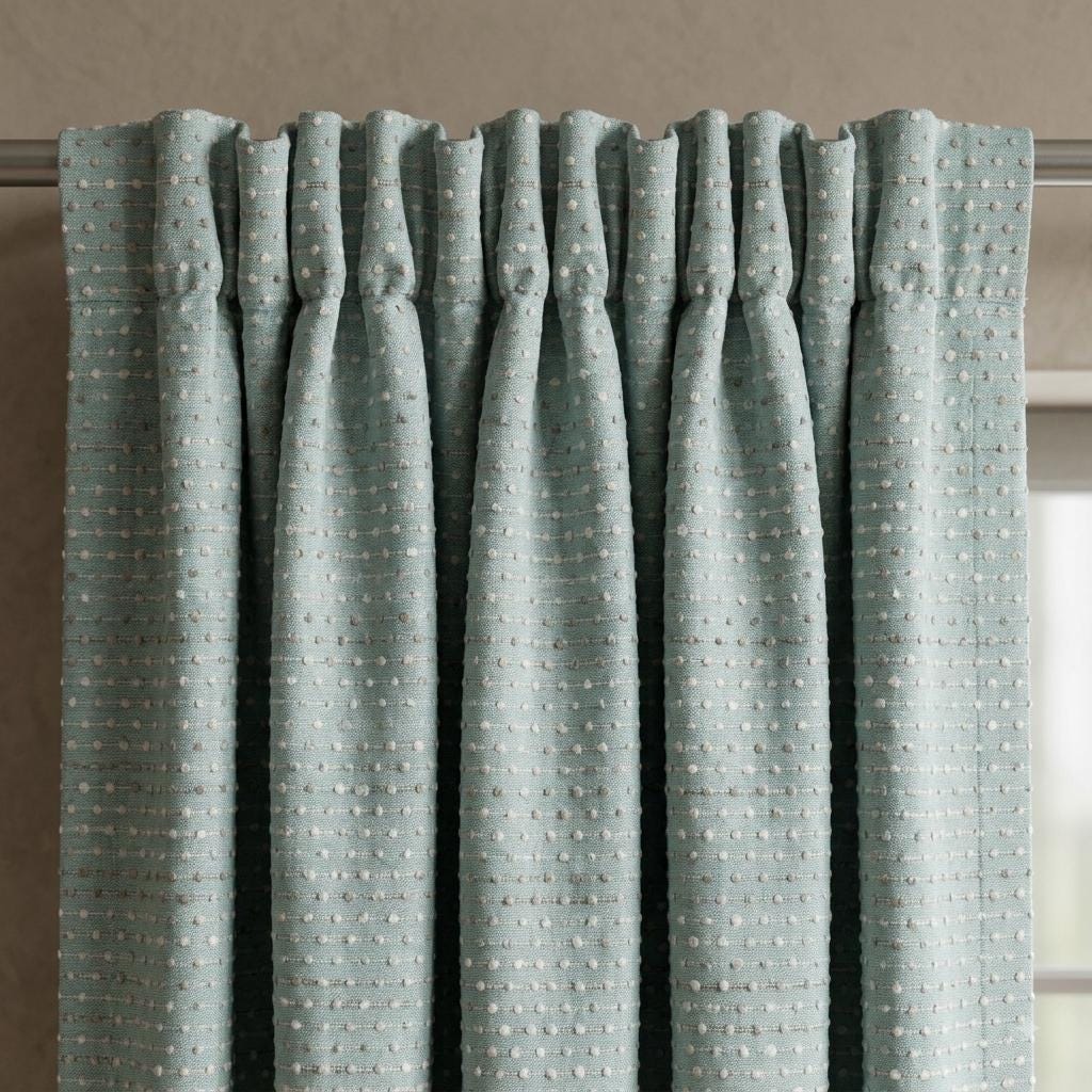 Seafoam Blue Pure Linen Curtains, Ivory Taupe Dotted Stripe Embroidered Drapes, Custom Blackout or Light Filtering Panels — image 3