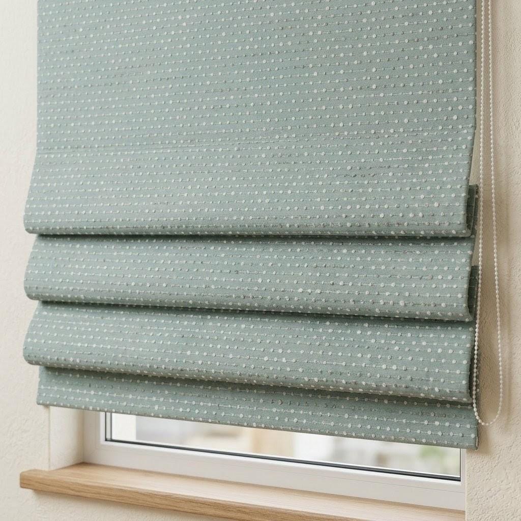 Duck Egg Blue Ivory & Taupe Pure Linen Roman Shade, Embroidered Dot Stripe Custom Corded Blind, Blackout or Light Filtering Window Shade — image 1