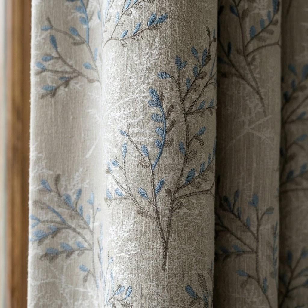 Ivory Greige Pure Linen Curtains, Blue Grey Botanical Leaf Embroidered Drapes, Custom Blackout or Light Filtering Panels — image 7