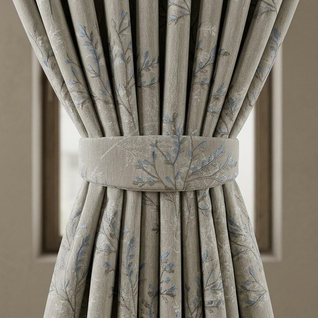 Ivory Greige Pure Linen Curtains, Blue Grey Botanical Leaf Embroidered Drapes, Custom Blackout or Light Filtering Panels — image 1