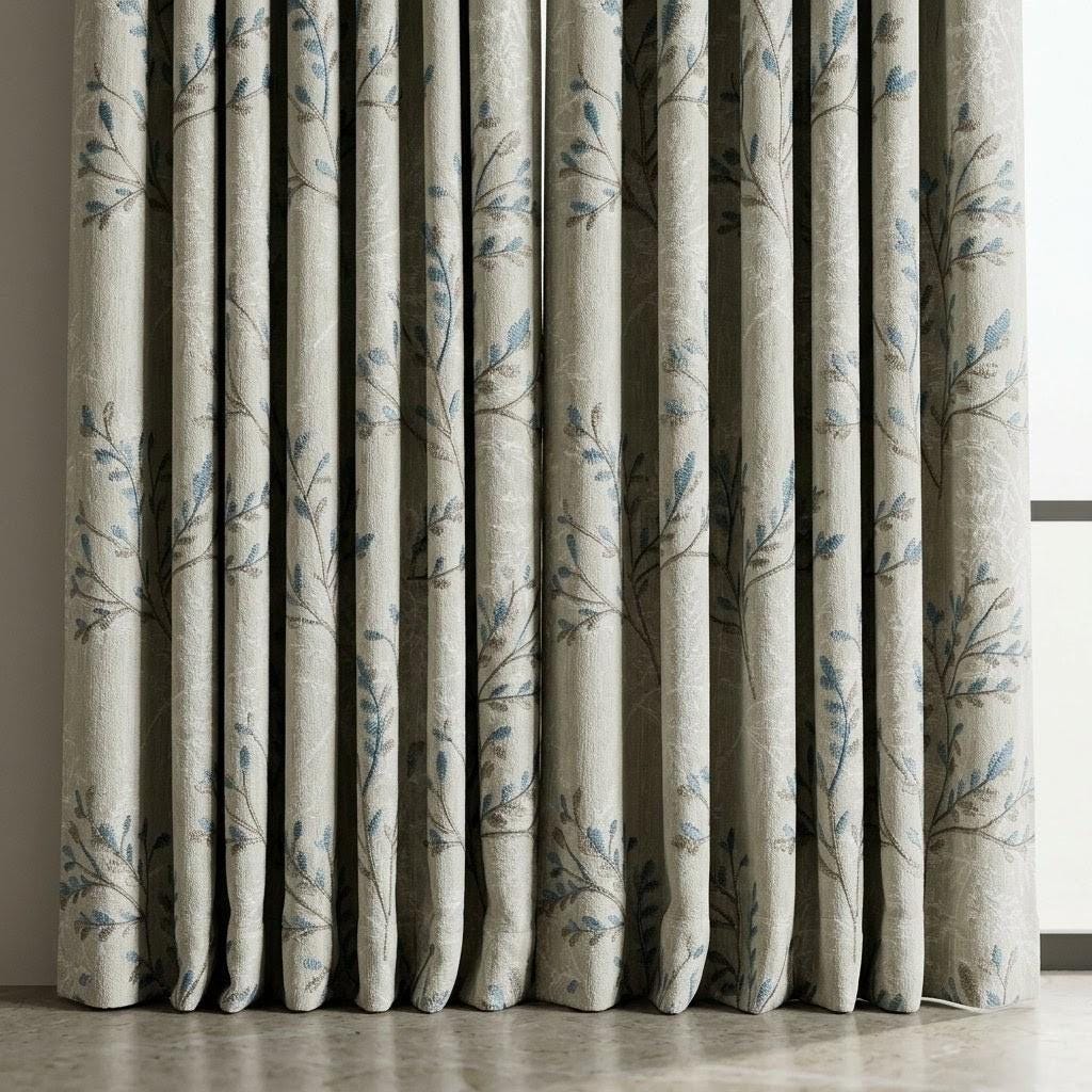 Ivory Greige Pure Linen Curtains, Blue Grey Botanical Leaf Embroidered Drapes, Custom Blackout or Light Filtering Panels — image 4