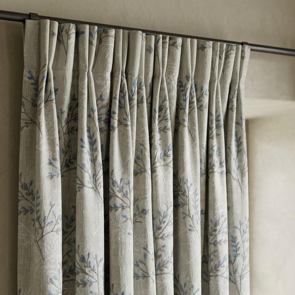 Ivory Greige Pure Linen Curtains, Blue Grey Botanical Leaf Embroidered Drapes, Custom Blackout or Light Filtering Panels — image 9