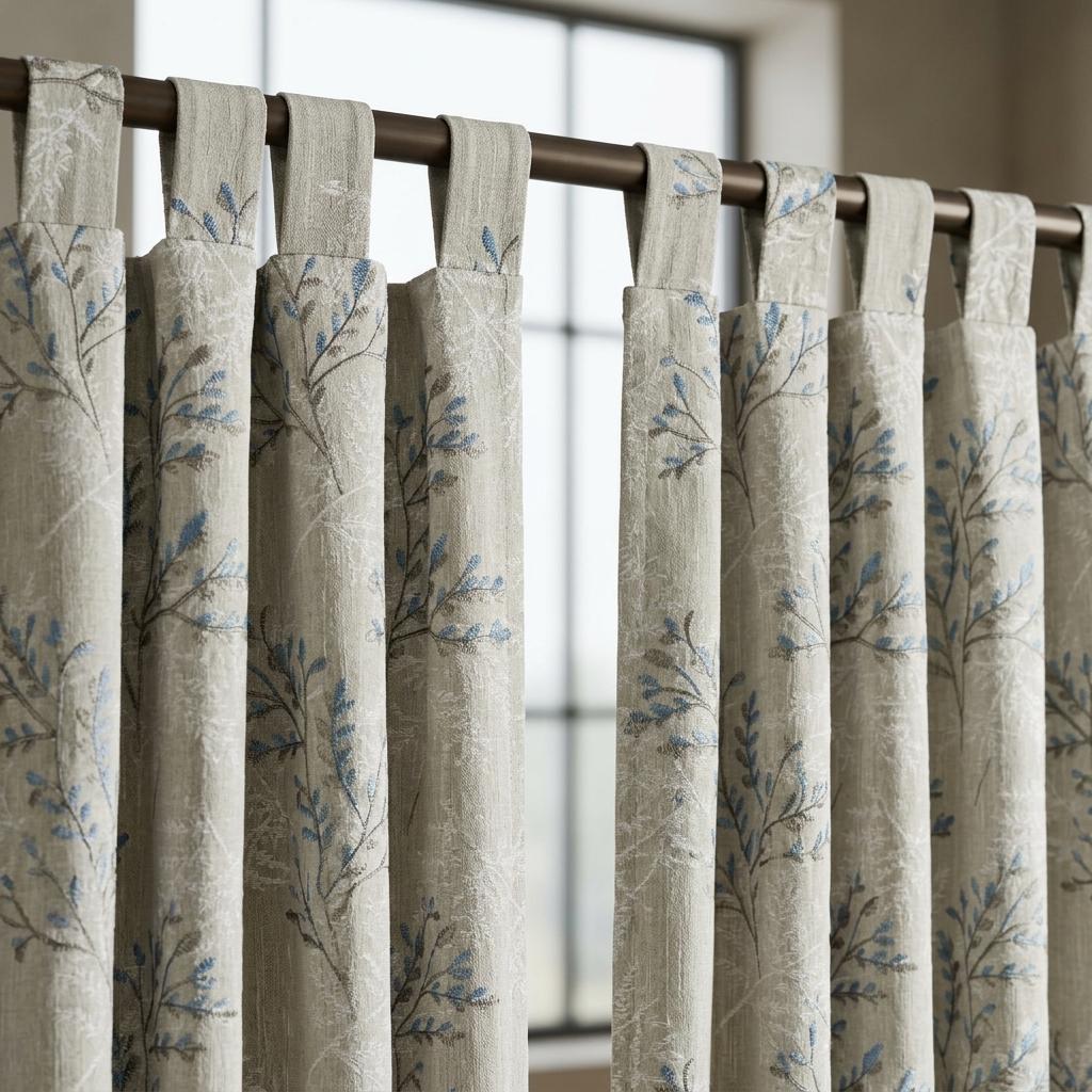 Ivory Greige Pure Linen Curtains, Blue Grey Botanical Leaf Embroidered Drapes, Custom Blackout or Light Filtering Panels — image 8