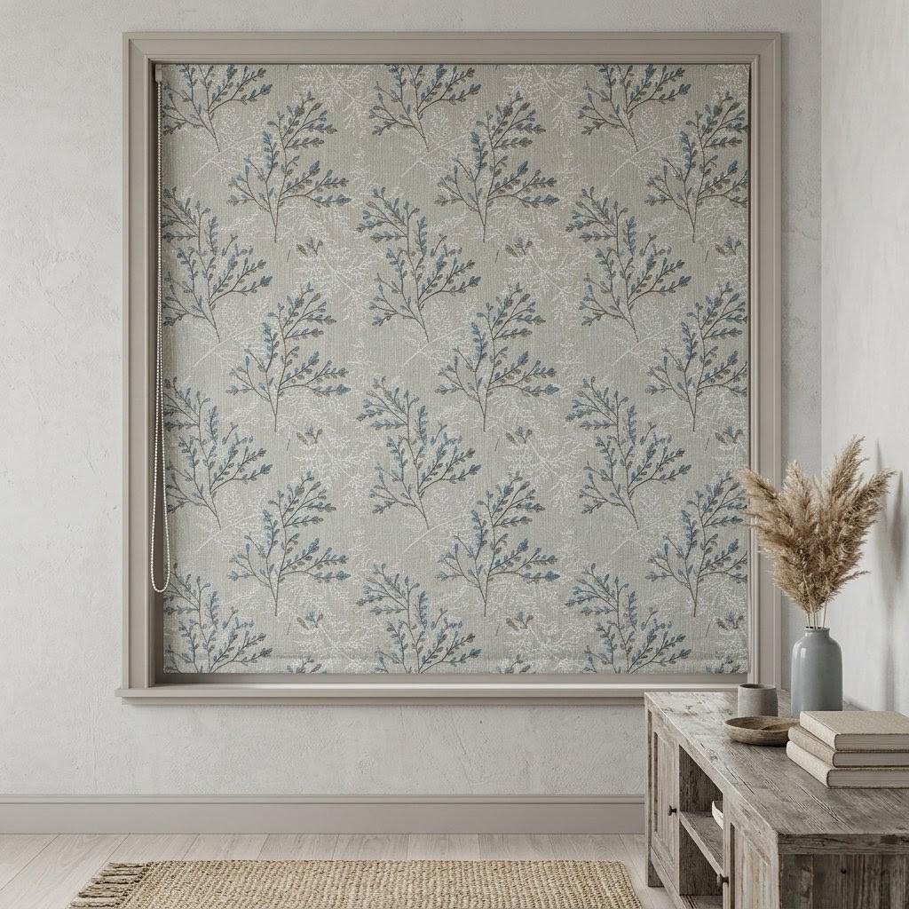 Silver Greige Blue Ivory Pure Linen Roman Shade, Embroidered Botanical Branch Custom Corded Blind, Blackout or Light Filtering Window Shade — image 1