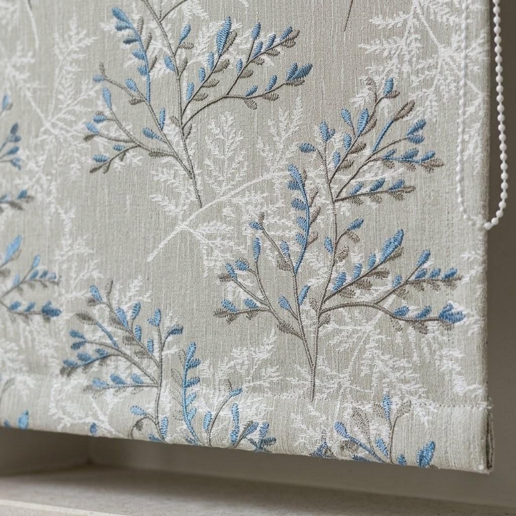 Silver Greige Blue Ivory Pure Linen Roman Shade, Embroidered Botanical Branch Custom Corded Blind, Blackout or Light Filtering Window Shade — image 1