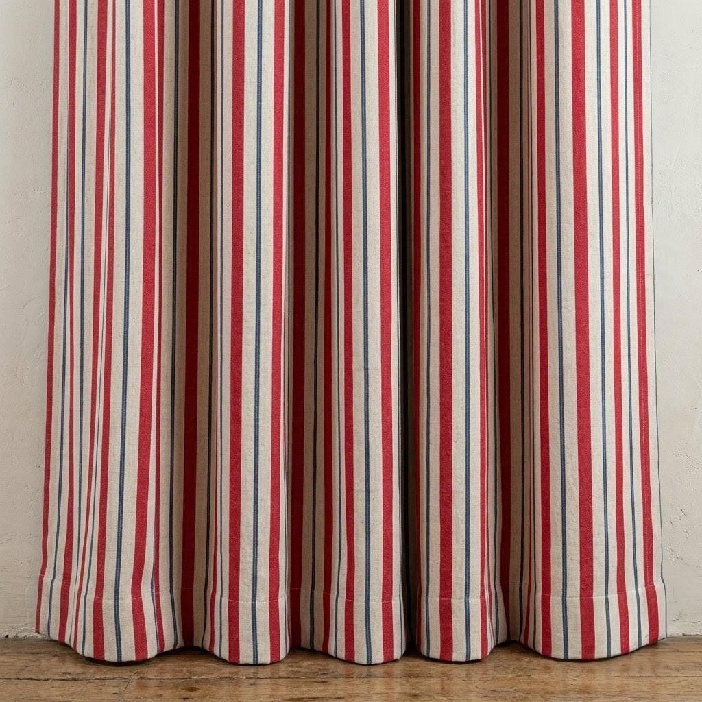 Red Navy Blue Pure Linen Stripe Curtains, Cream Farmhouse Drapes, Custom Blackout or Light Filtering — image 4