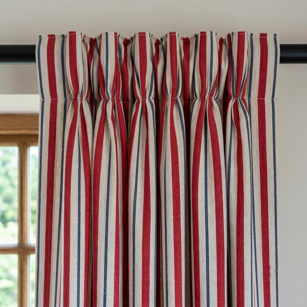 Red Navy Blue Pure Linen Stripe Curtains, Cream Farmhouse Drapes, Custom Blackout or Light Filtering — image 10