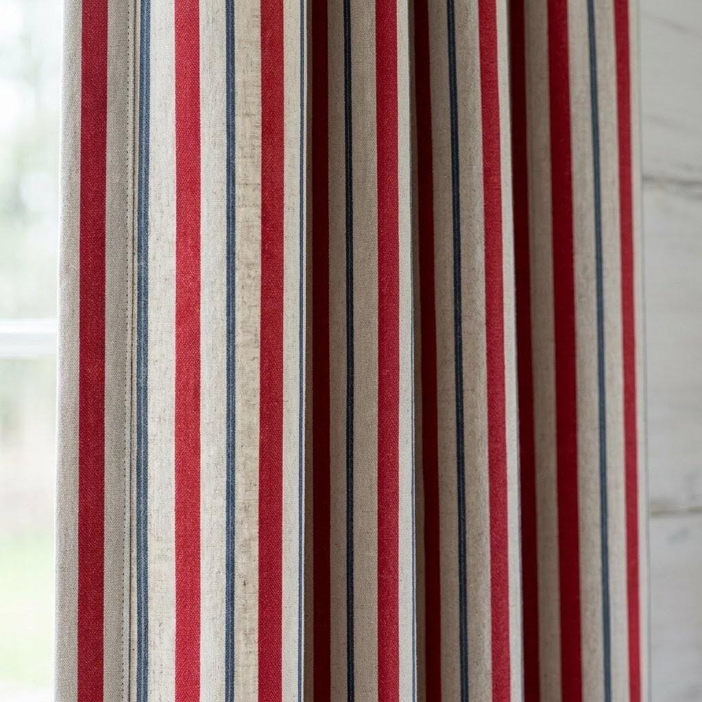 Red Navy Blue Pure Linen Stripe Curtains, Cream Farmhouse Drapes, Custom Blackout or Light Filtering — image 1