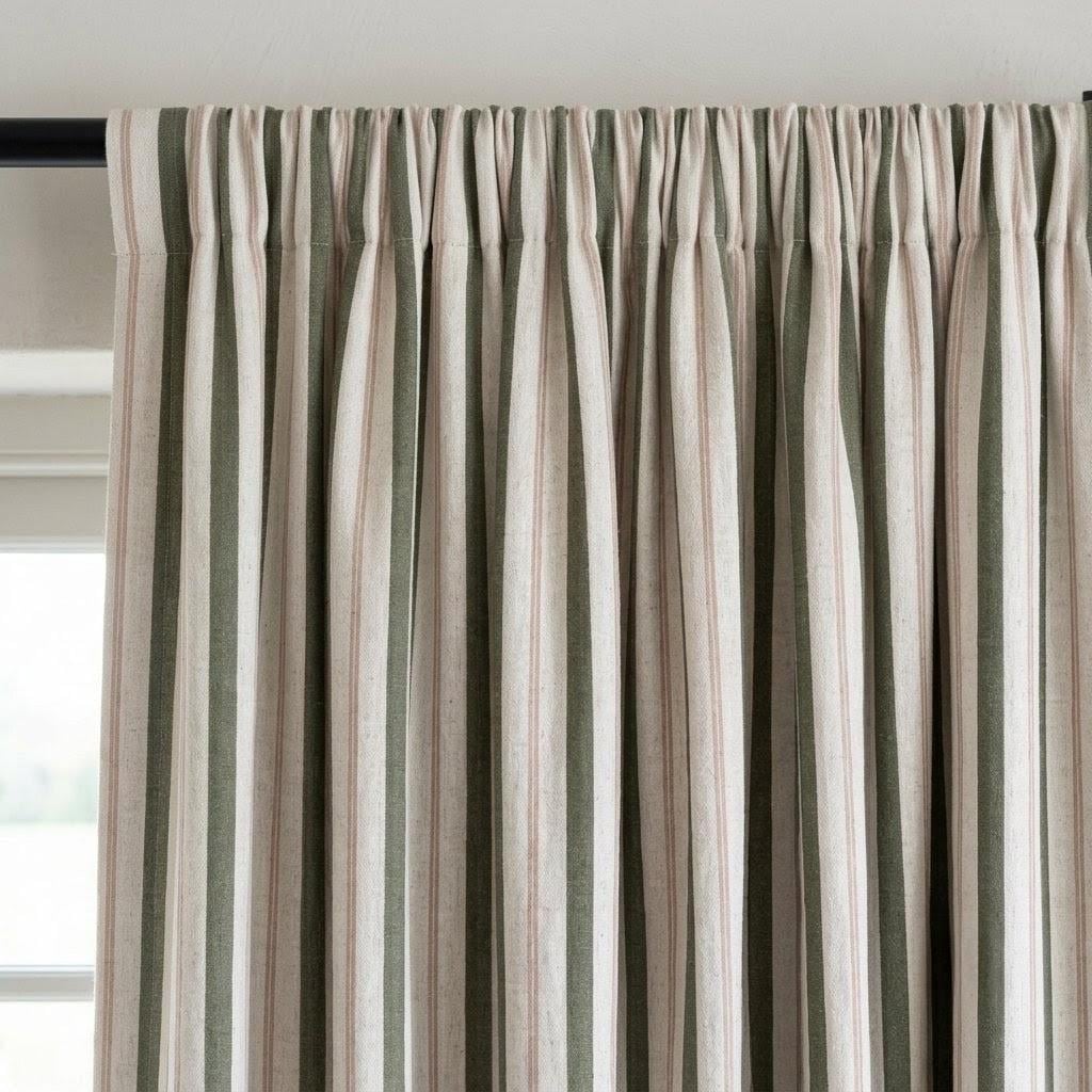 Dark Olive Green Pure Linen Farmhouse Curtains, Cream Beige Stripe Drapes, Blackout or Light Filtering — image 8