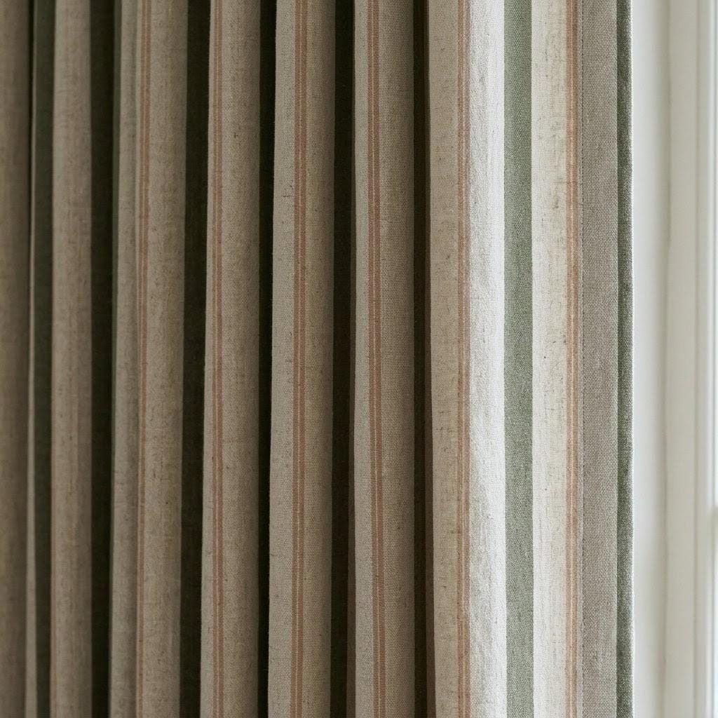 Dark Olive Green Pure Linen Farmhouse Curtains, Cream Beige Stripe Drapes, Blackout or Light Filtering — image 1