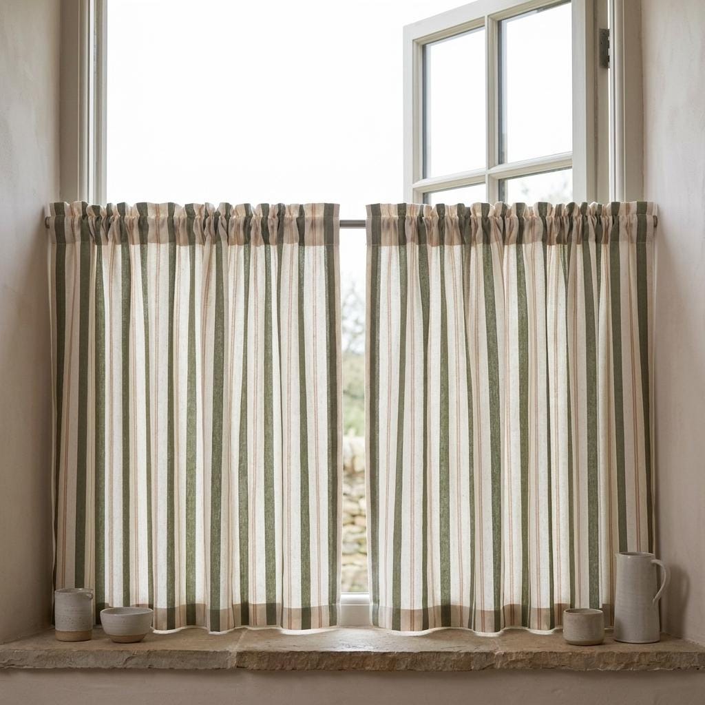 Dark Olive Green Pure Linen Farmhouse Curtains, Cream Beige Stripe Drapes, Blackout or Light Filtering — image 6