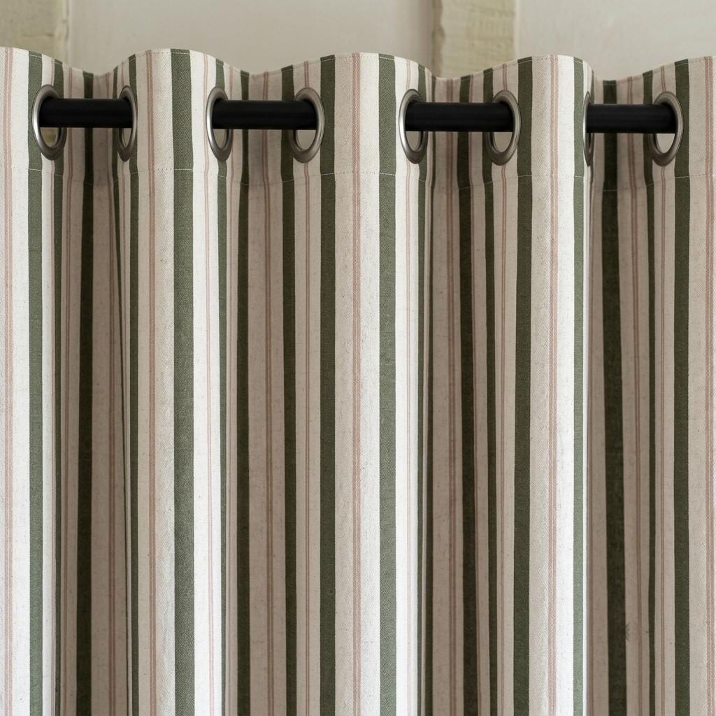 Dark Olive Green Pure Linen Farmhouse Curtains, Cream Beige Stripe Drapes, Blackout or Light Filtering — image 9