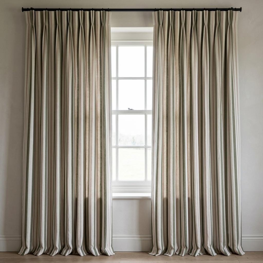 Dark Olive Green Pure Linen Farmhouse Curtains, Cream Beige Stripe Drapes, Blackout or Light Filtering — image 7