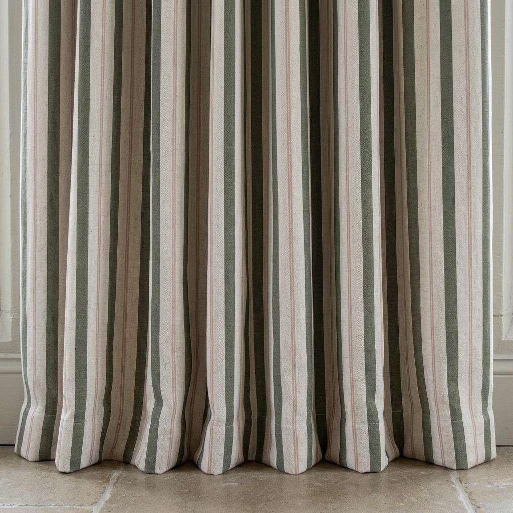 Dark Olive Green Pure Linen Farmhouse Curtains, Cream Beige Stripe Drapes, Blackout or Light Filtering — image 4