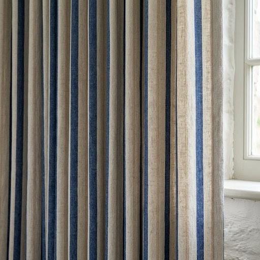 Navy Blue Pure Linen Farmhouse Stripe Curtains, Cream Beige Drapes, Custom Blackout or Light Filtering — image 10