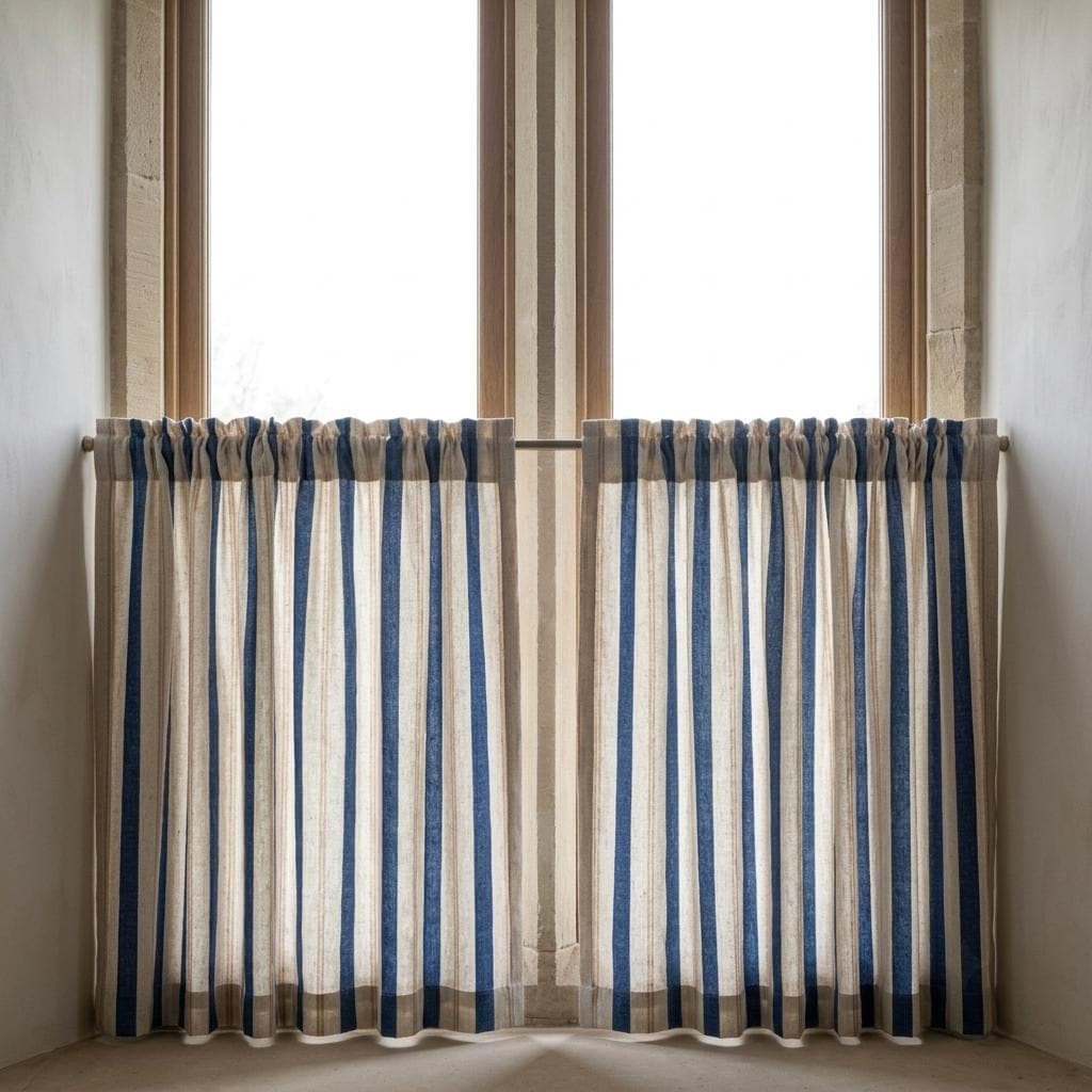 Navy Blue Pure Linen Farmhouse Stripe Curtains, Cream Beige Drapes, Custom Blackout or Light Filtering — image 6