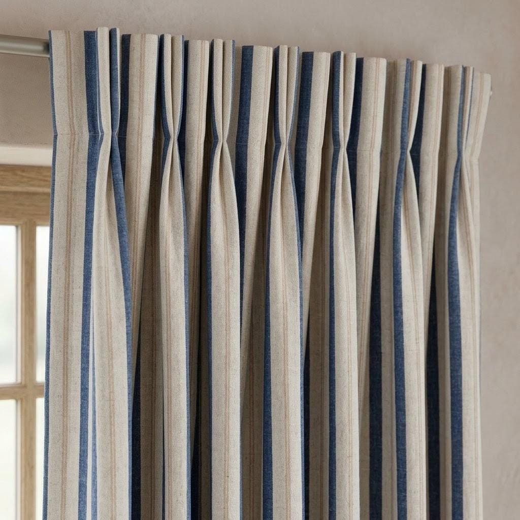 Navy Blue Pure Linen Farmhouse Stripe Curtains, Cream Beige Drapes, Custom Blackout or Light Filtering — image 8