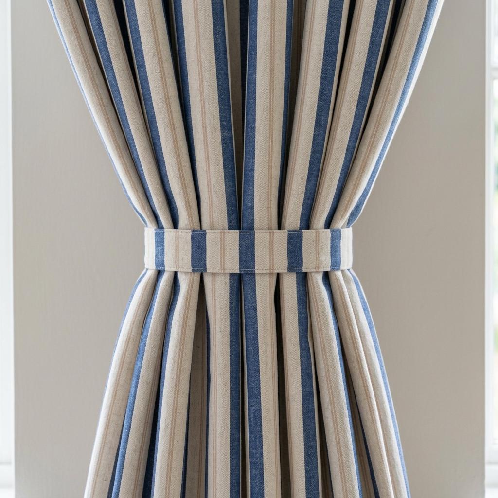 Navy Blue Pure Linen Farmhouse Stripe Curtains, Cream Beige Drapes, Custom Blackout or Light Filtering — image 2