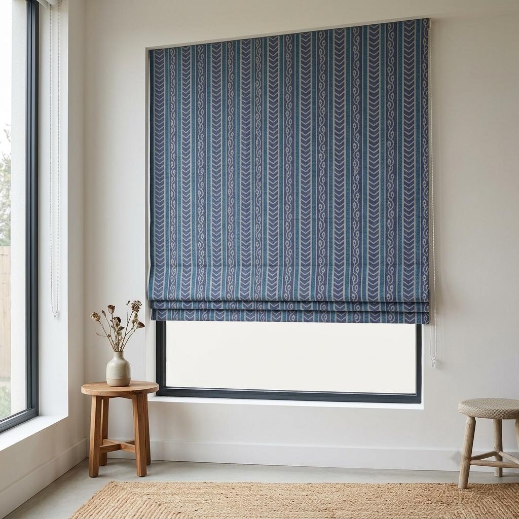 Denim Blue Teal Pure Linen Roman Shade, Ivory Tribal Stripe, Custom Corded Roman Blind, Blackout or Light Filtering — image 1