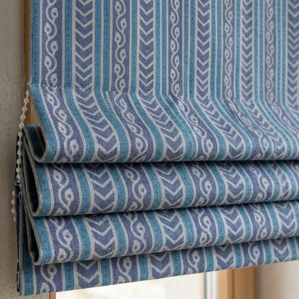 Denim Blue Teal Pure Linen Roman Shade, Ivory Tribal Stripe, Custom Corded Roman Blind, Blackout or Light Filtering — image 1