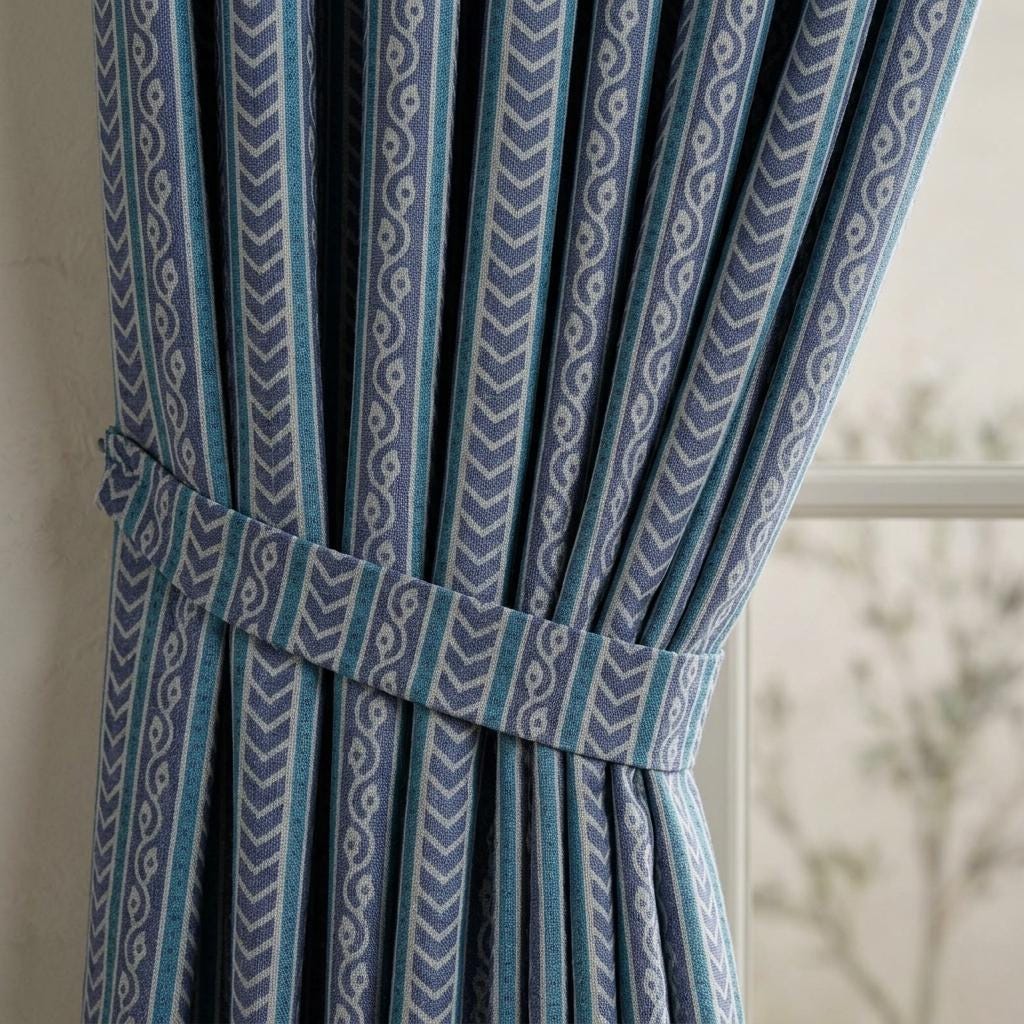 Blue Teal Pure Linen Curtains: Navy Tribal Geometric Stripe, Blackout or Light Filtering, Custom Size — image 1