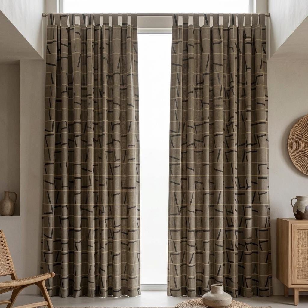 Black Grey Pure Linen Curtains, Abstract Geometric Line Print, Custom Blackout or Light Filtering Drapes — image 3