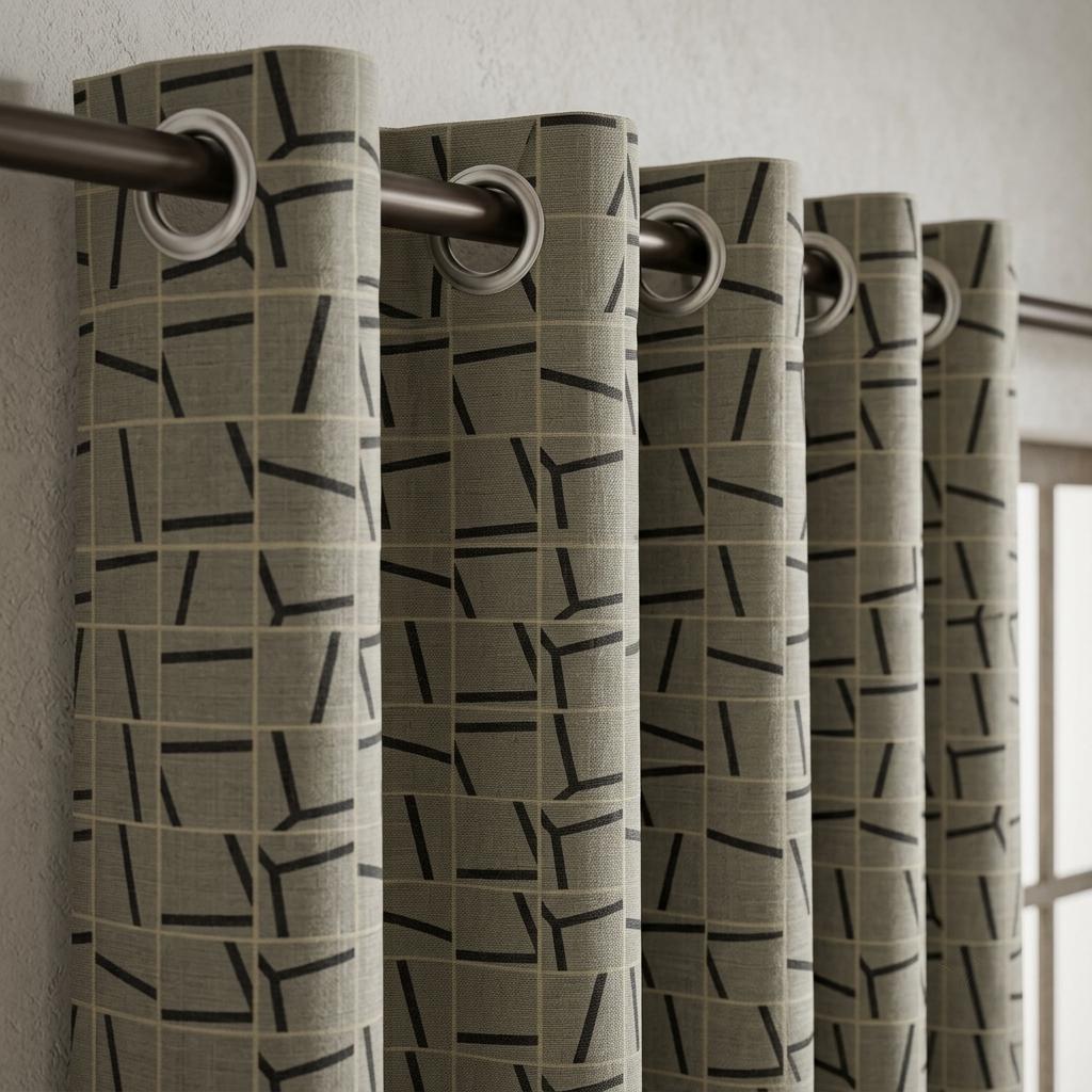 Black Grey Pure Linen Curtains, Abstract Geometric Line Print, Custom Blackout or Light Filtering Drapes — image 9
