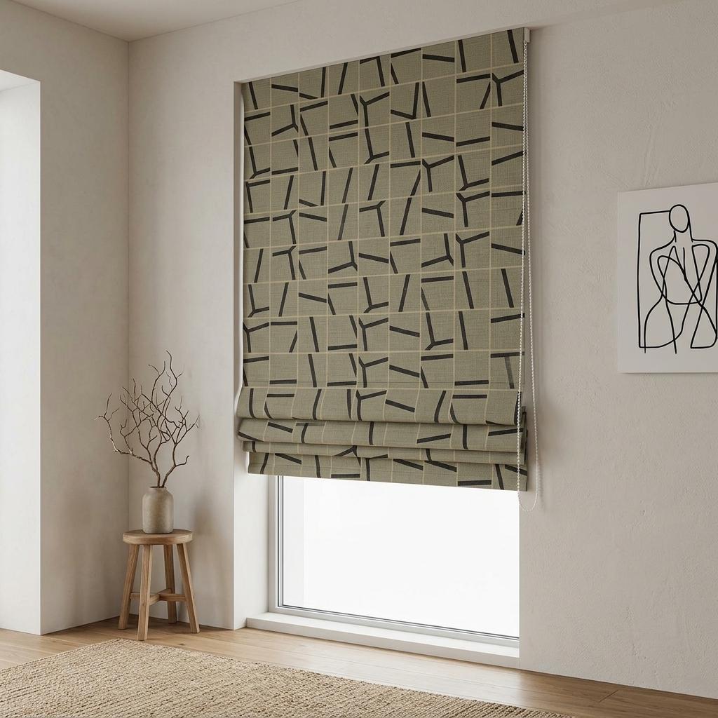 Taupe Black Linen Roman Shade, Abstract Geometric Custom Roman Blind, Mid Century Modern Blackout Shade — image 7