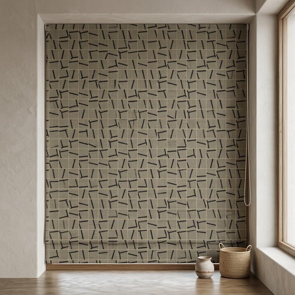 Taupe Black Linen Roman Shade, Abstract Geometric Custom Roman Blind, Mid Century Modern Blackout Shade — image 5