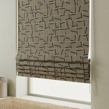 Taupe Black Linen Roman Shade, Abstract Geometric Custom Roman Blind, Mid Century Modern Blackout Shade — image 1