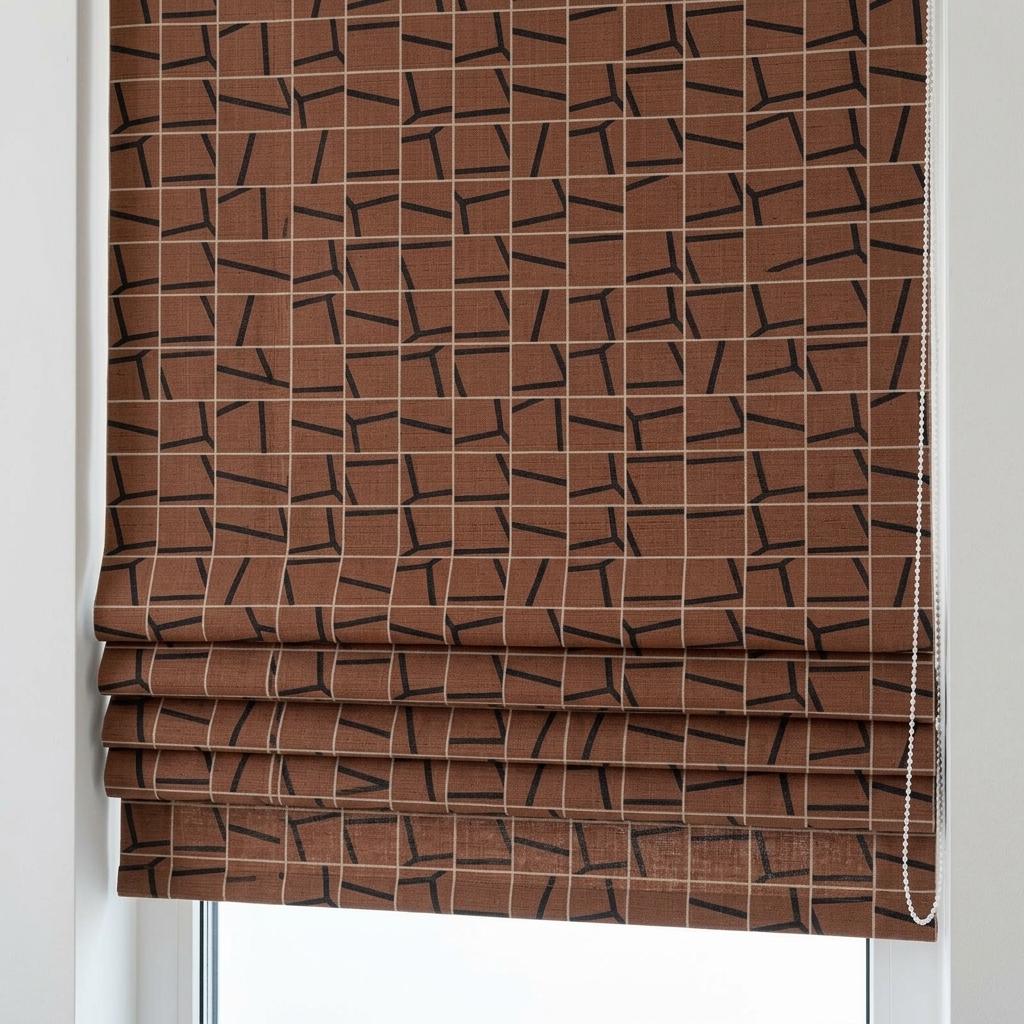 Rust Terracotta Black Linen Roman Shade, Abstract Geometric Custom Roman Blind, Mid Century Modern Blackout — image 3