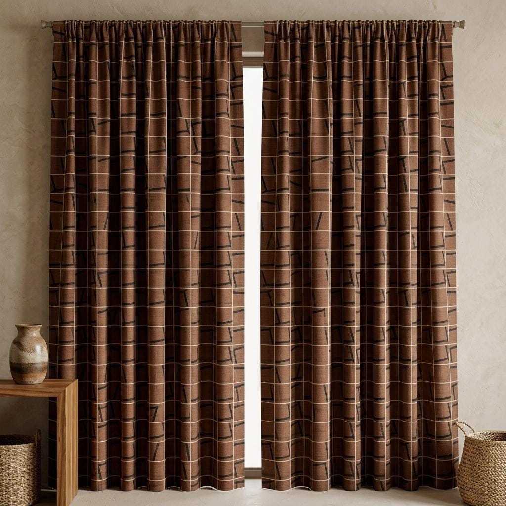 Terracotta Black Pure Linen Curtains, Abstract Geometric Grid Drapes, Custom Blackout or Light Filtering Panels — image 7