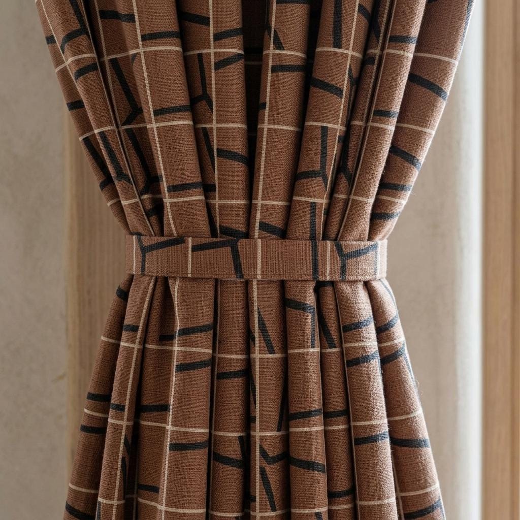 Terracotta Black Pure Linen Curtains, Abstract Geometric Grid Drapes, Custom Blackout or Light Filtering Panels — image 2