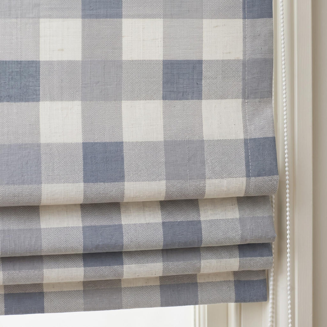 Custom Dusty Blue Plaid Linen Roman Shade, Ivory Check Corded Window Blind, Blackout or Light Filtering — image 1