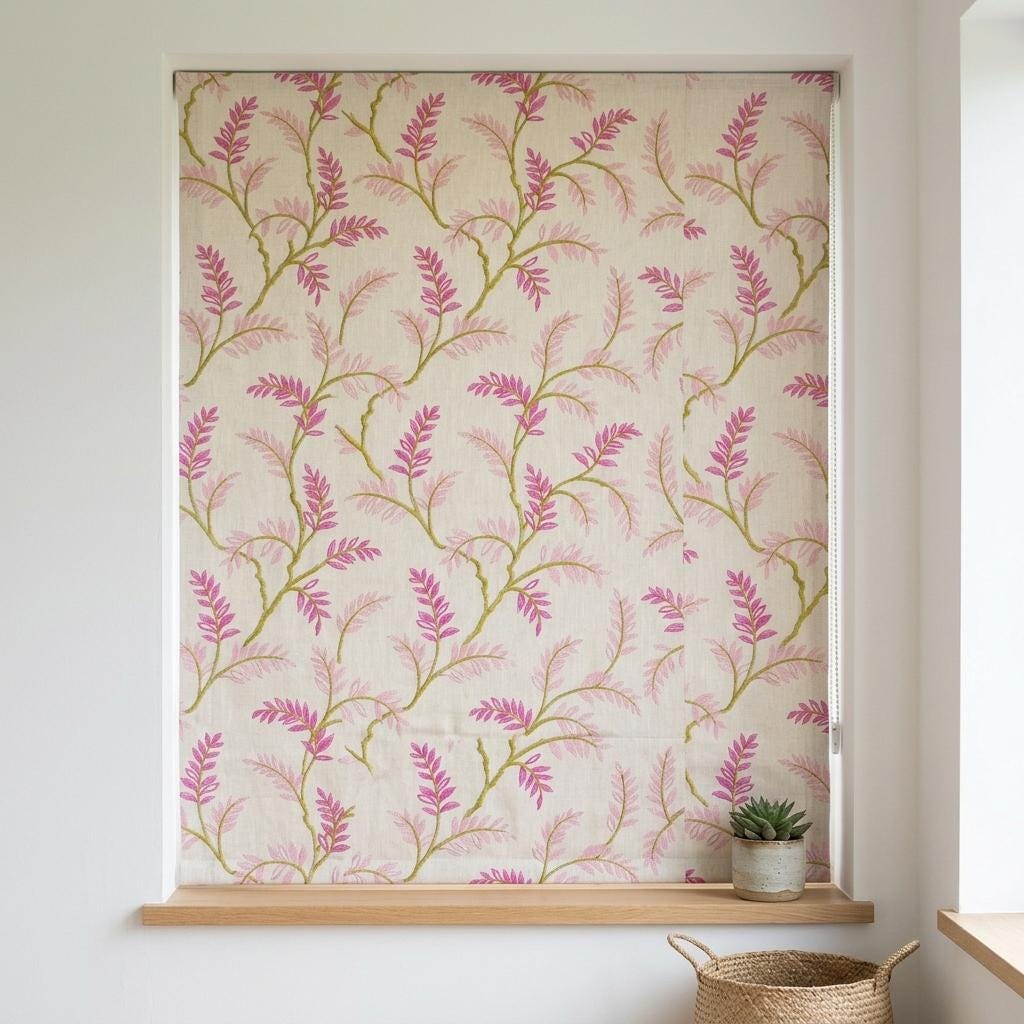 Ivory Pink Green Embroidered Linen Roman Shade, Botanical Floral Custom Corded Blind, Blackout Liner — image 6