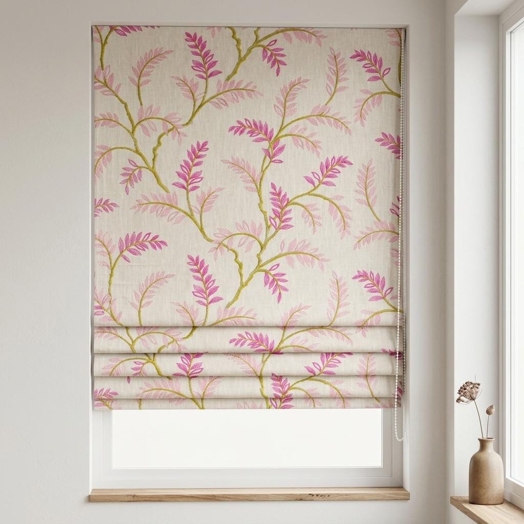 Ivory Pink Green Embroidered Linen Roman Shade, Botanical Floral Custom Corded Blind, Blackout Liner — image 2